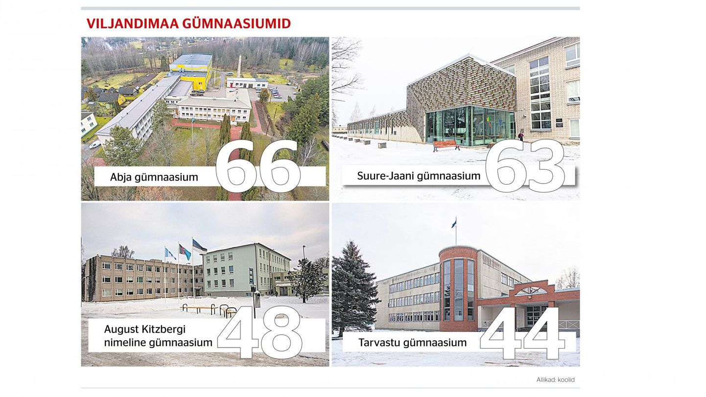 Lisaks umbes 600 õpilasega Viljandi riigigümnaasiumile on maakonnas neli gümnaasiumi. Tabelis on toodud kool ning õpilaste arv X–XII klassini.
