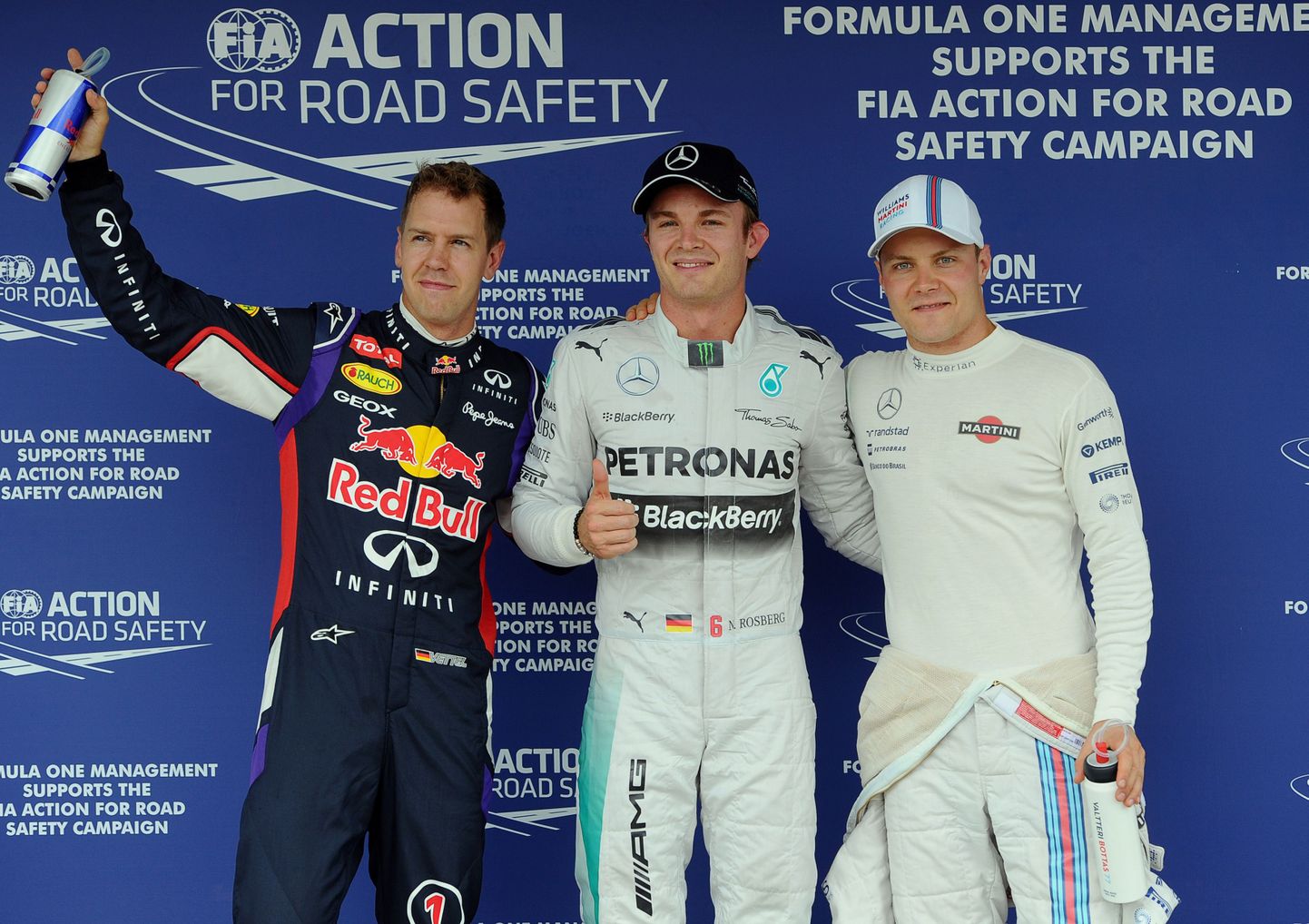 Sebastian Vettel, Nico Rosberg ja Valtteri Bottas.