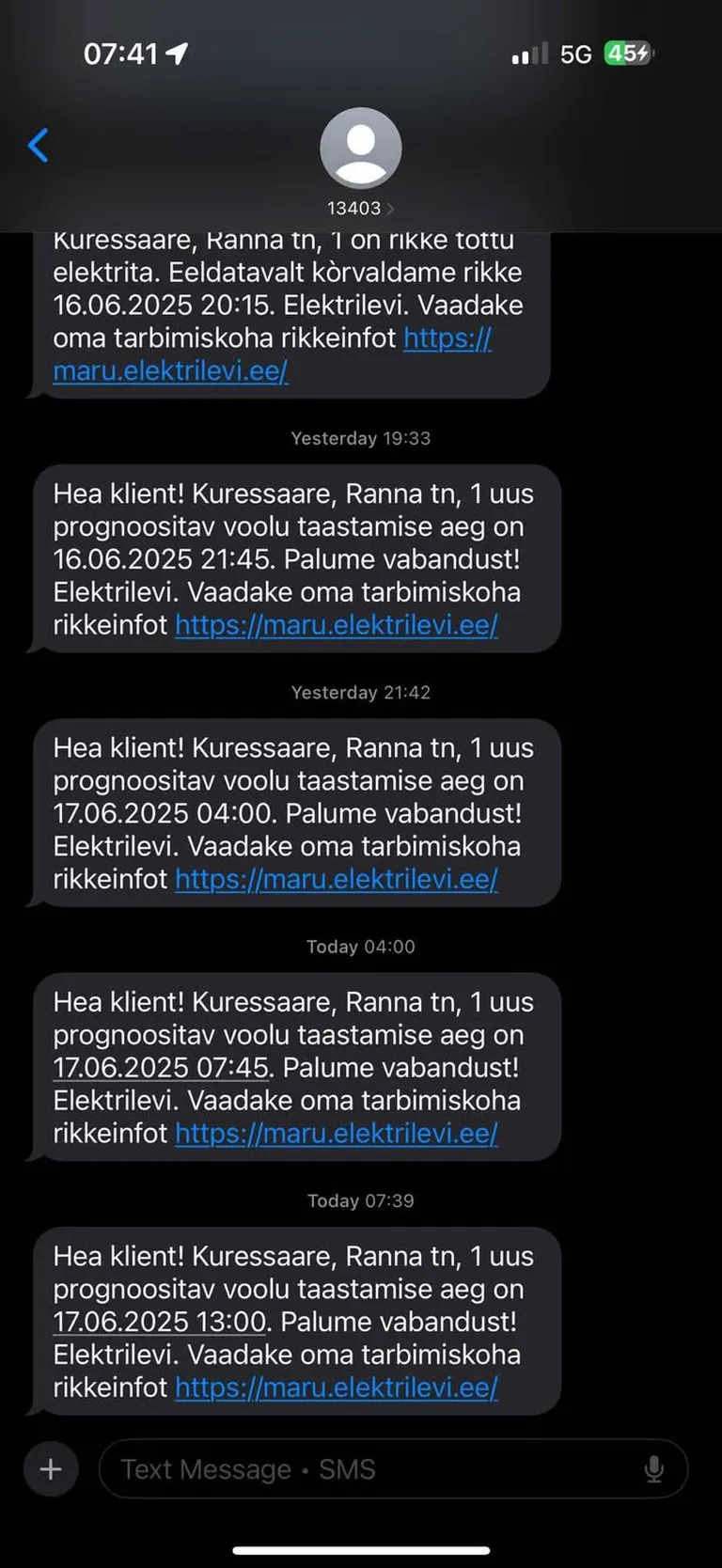Kuvatõmmis kohaliku telefonist, mille ekraan on täis teavitusi Elektrilevilt.