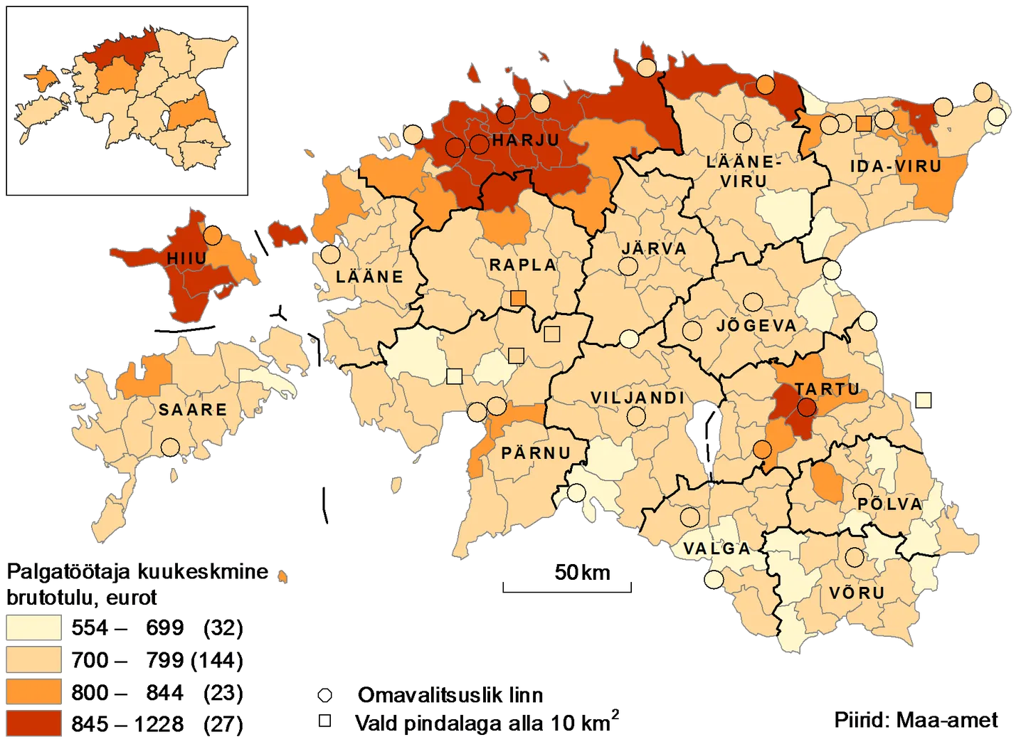 Palgatöötaja keskmine brutotulu kuus 2012. aastal