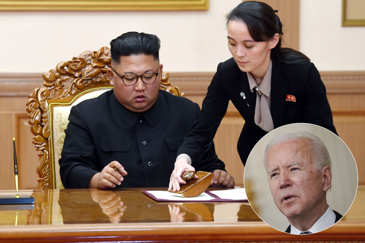 Ziemeļkorejas līderis Kims Čenuns un viņa māsa Kima Jočuna, ASV prezidents Džo Baidens.