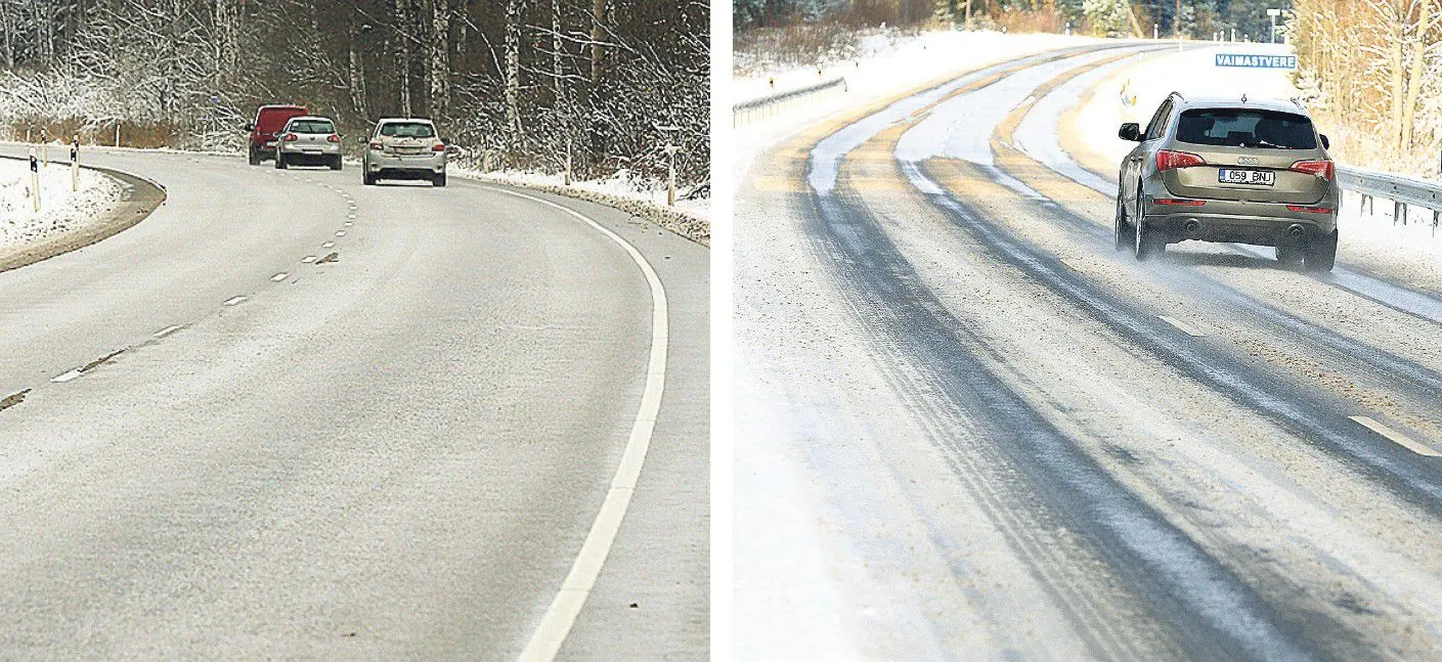 Selline pilt avanes eile keskpäeval Piibe maanteel enne ja pärast Jõgeva linna. Mullavere lähistel asuv lõik (vasakul) oli lumest ja jääst puhas. Paarkümmend kilomeetrit edasi Vaimastvere lähistel kattis samal ajal teed lumelopp.