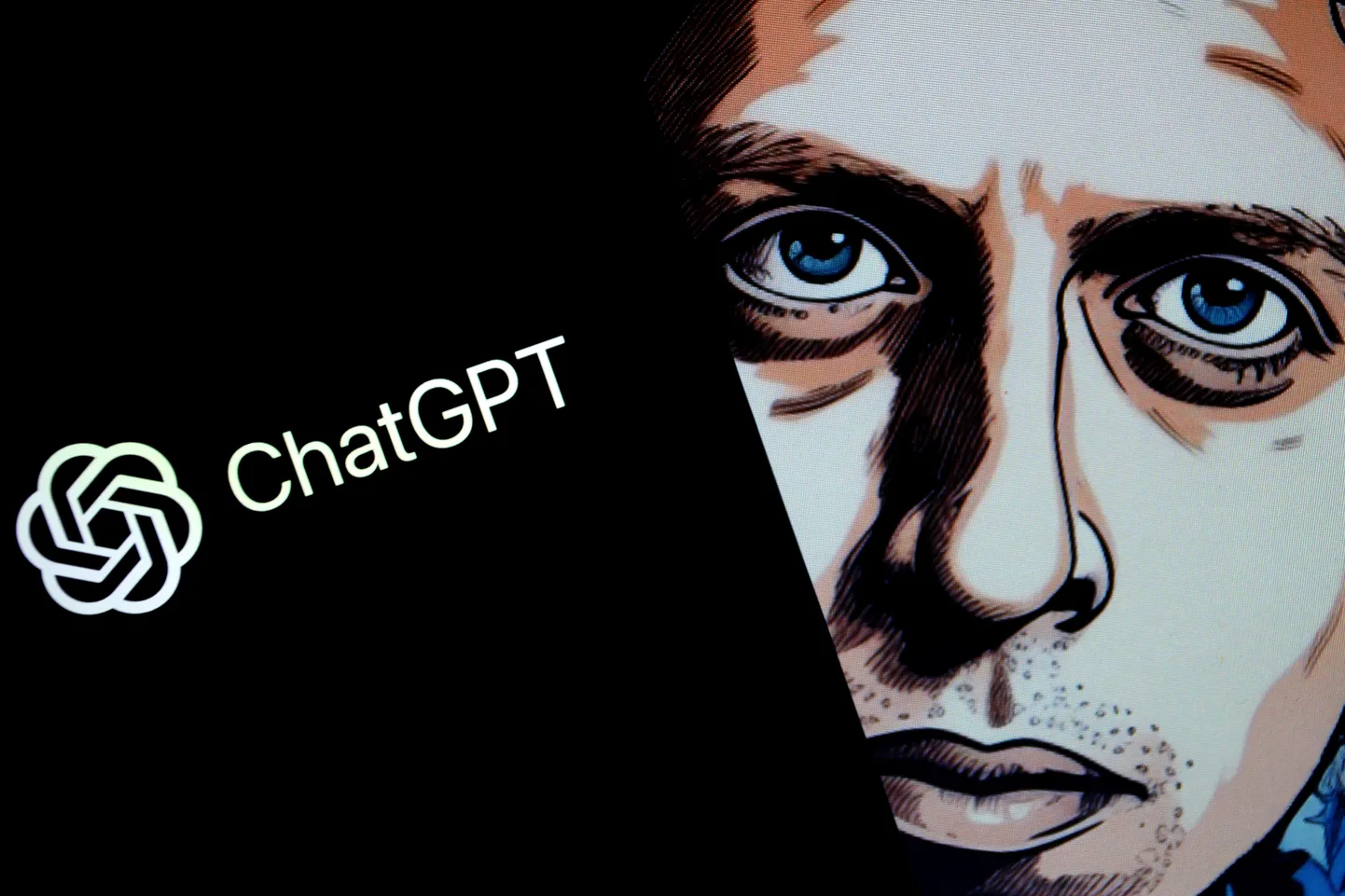 Sam Altman, kunstniku nägemuses, oma lobaroboti logo taga.