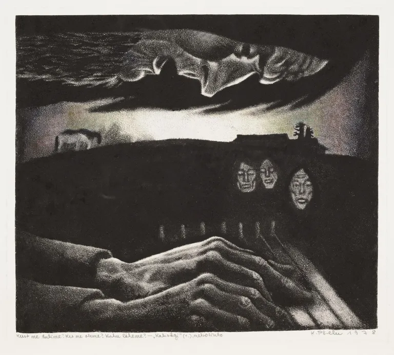 Kaljo Põllu. Kust me tulime? Kes me oleme? Kuhu läheme? Sarjast „Kalivägi“. 1978 Värviline metsotinto, paber.