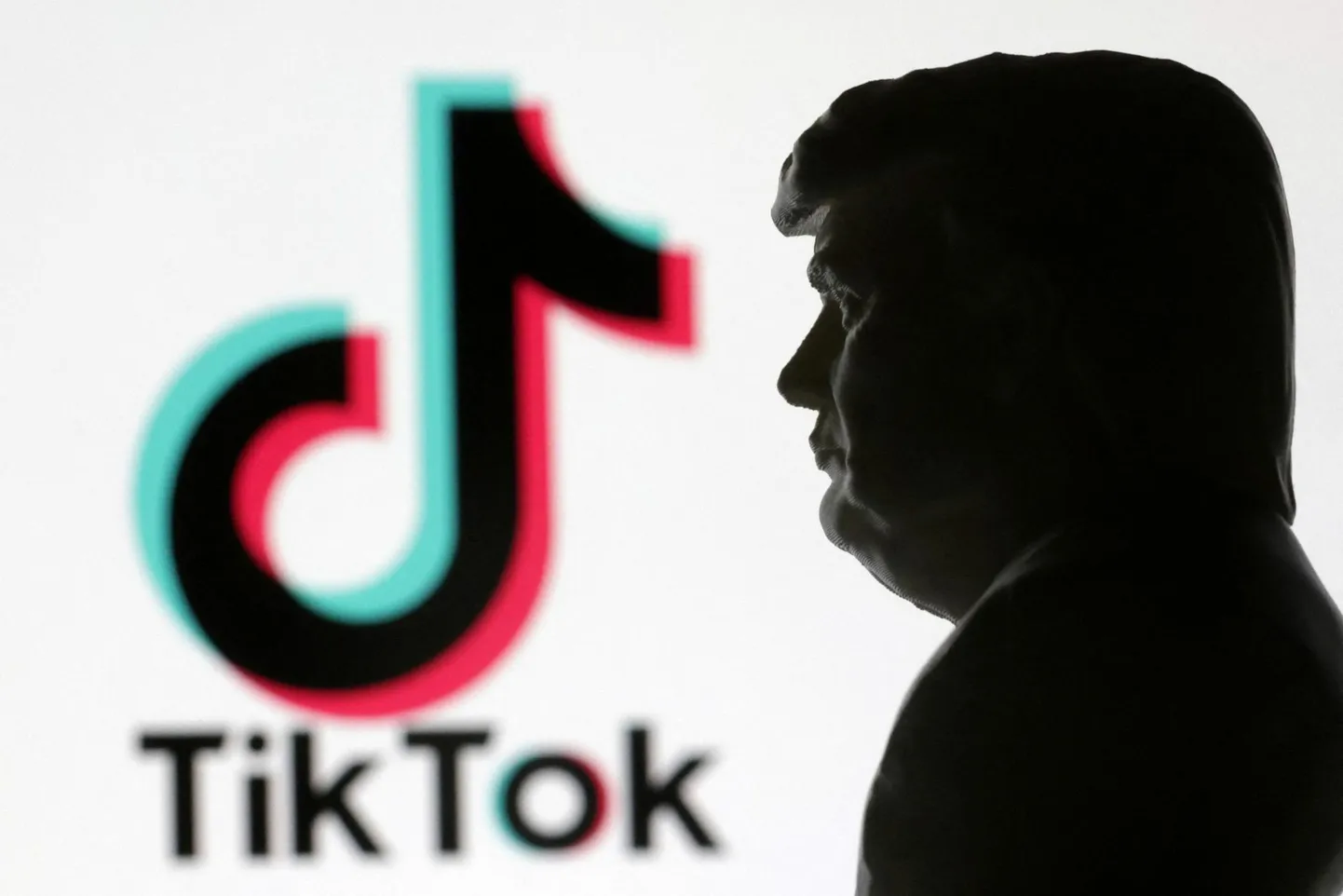 3D-prinditud Donald Trumpi kuju TikToki logo taustal.