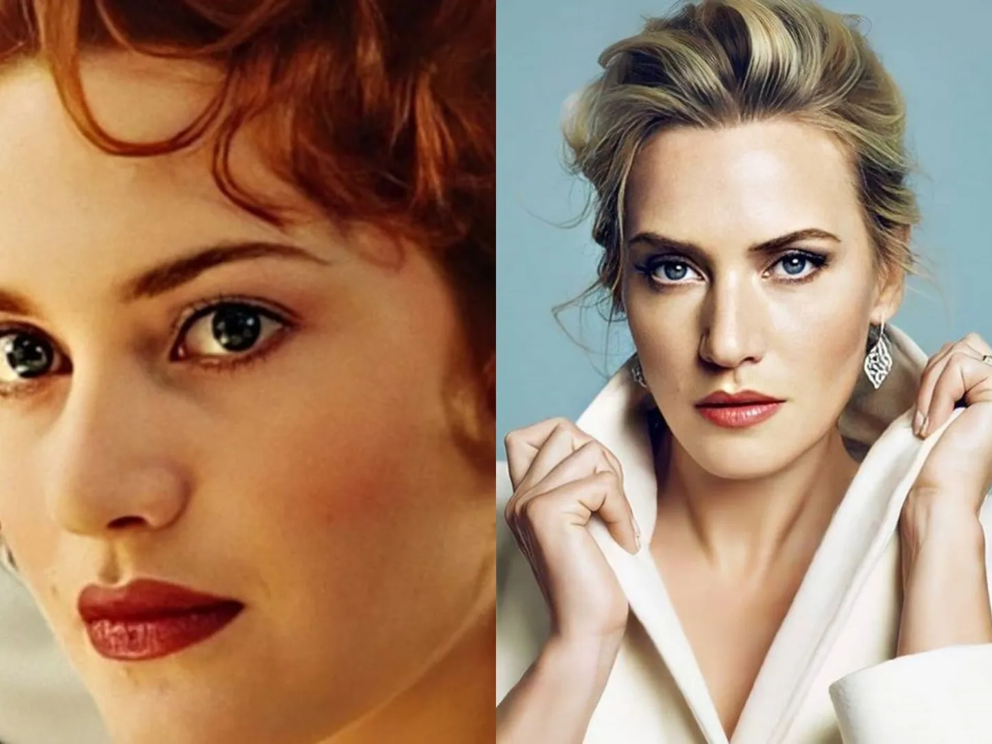 Vasakul: Kate Winslet filmis "Titanic". Paremal: Kate Winslet aastal 2020.