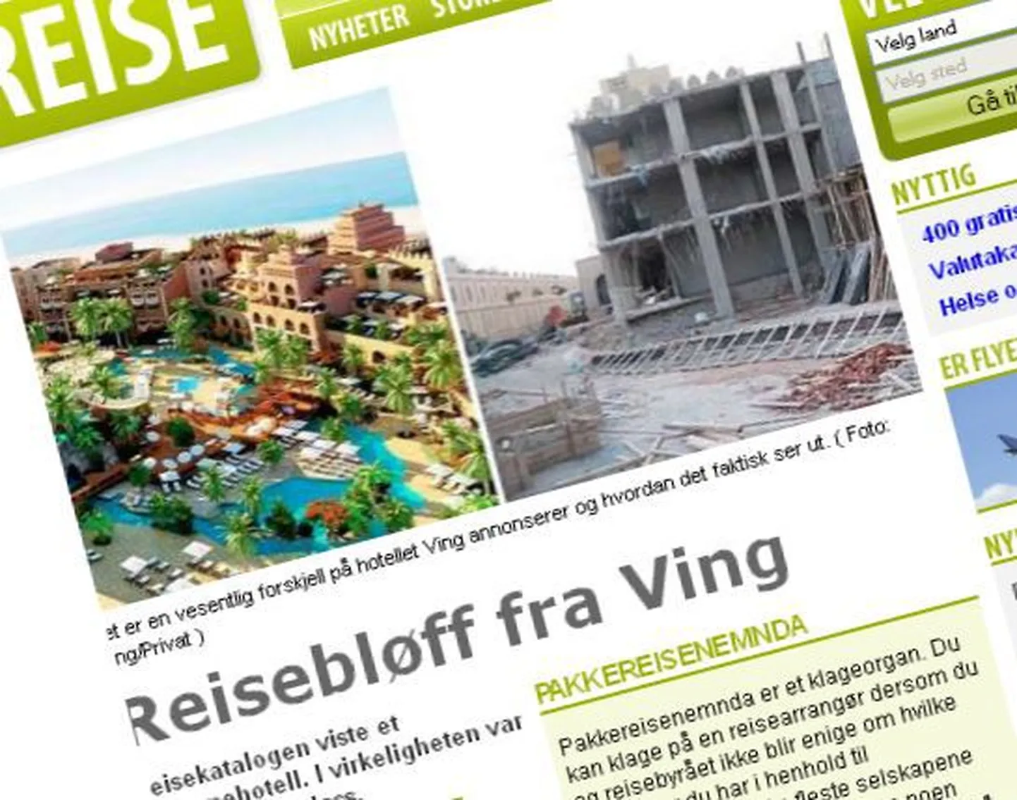 Fragment Aftenposten.no reisiportaalist.