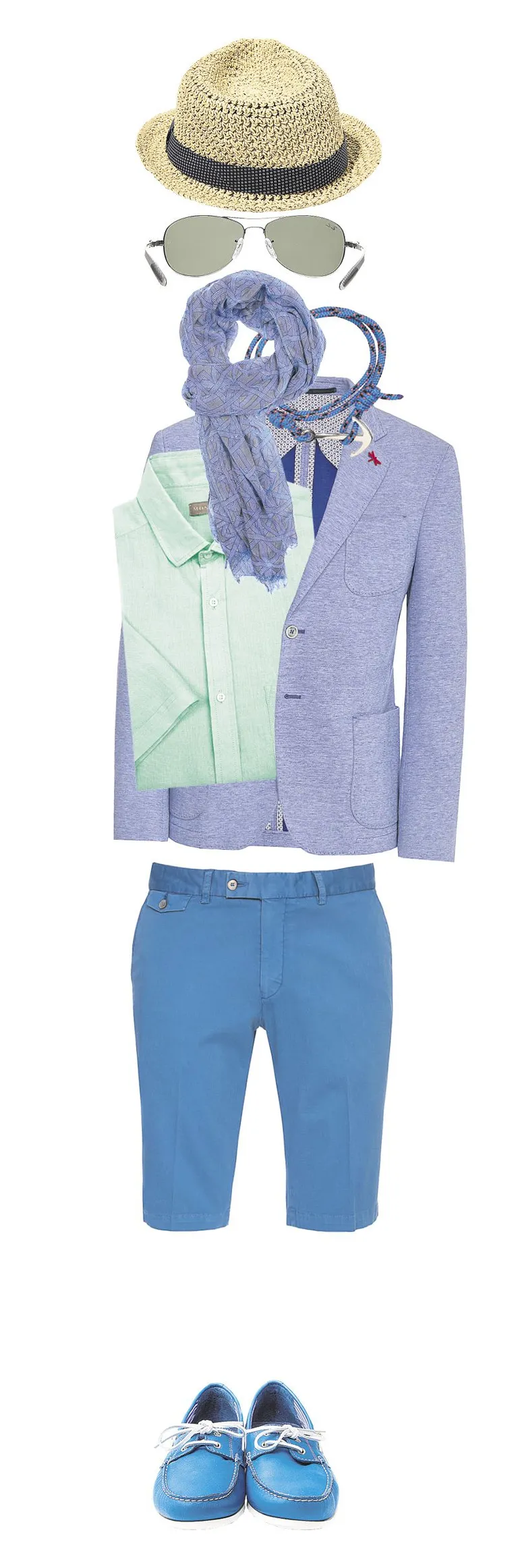 Massimo Dutti õlgkaabu, Ray Bani aviaatoriprillid, H&Mi mereteemaline kaelakee, Montoni kaelasall, Baltmani pehme, voodrita pintsak, Mosaici linasegu särk, Baltmani viisakad šortsid, Uninoni loaferid, ABC King.  Fotod: moefirmad