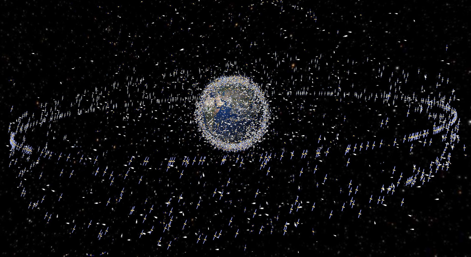 Euroopa Kosmoseagentuuri (ESA)avaldatud kunstniku nägemus Maa ümber hõljuvast kosmoseprügist.