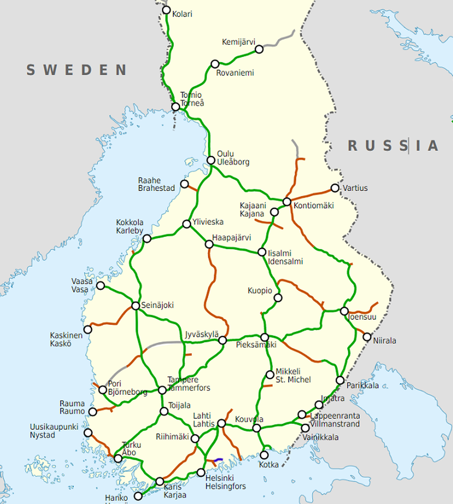 Soome riigiraudtee VR liinide kaart 2010. aastal.