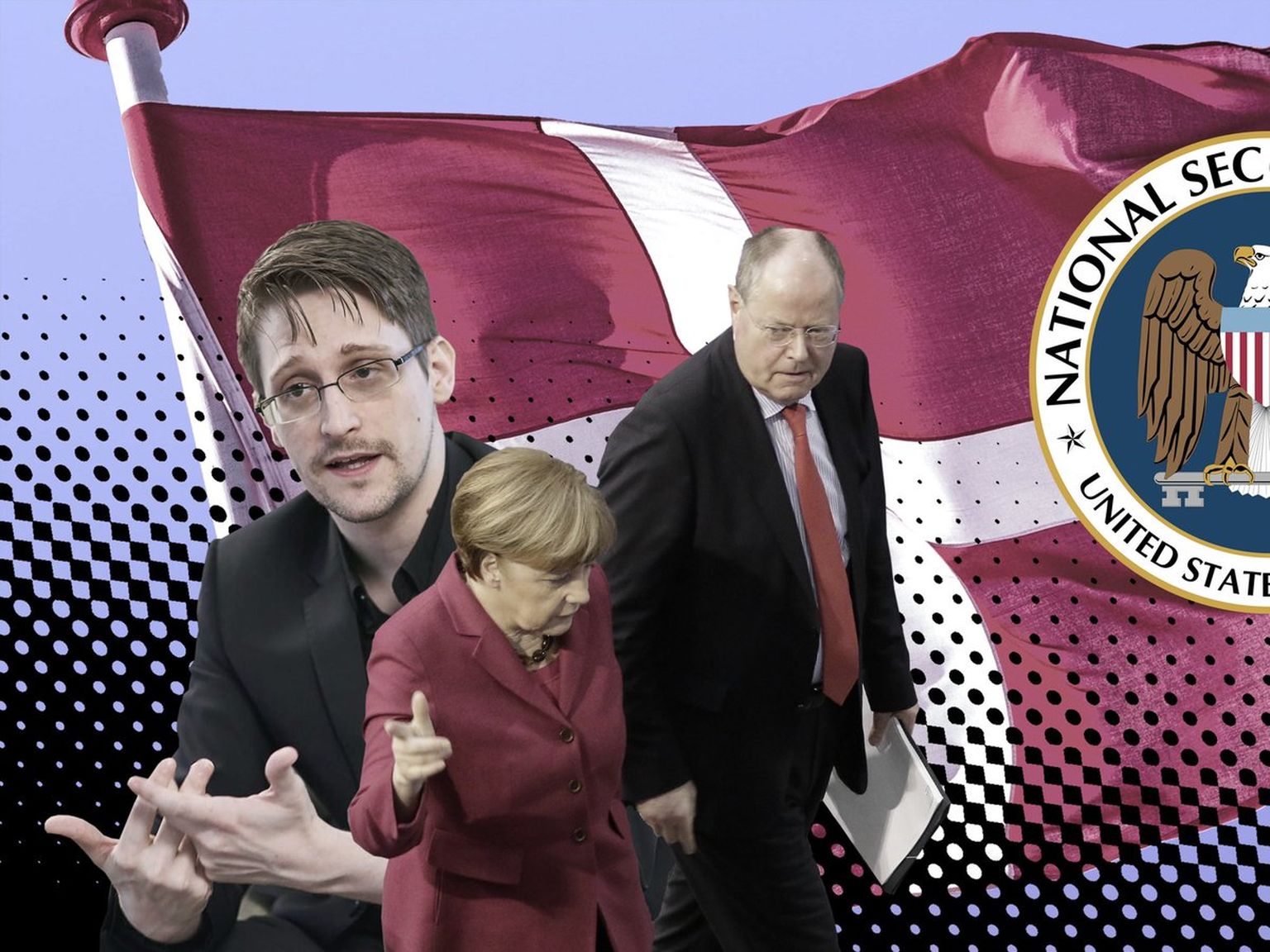 USALDA, AGA KONTROLLI: Edward Snowden (vasakul) avalikustas juba 2013. aastal, et NSA kuulab pealt Euroopa poliitikute telefone. Pildil on ka ameeriklaste sihtmärgid Angela Merkel ja Peer Steinbrück. Nüüdseks on selgunud, et ameeriklastele osutas selles suurt abi Taani kaitseväe luure.