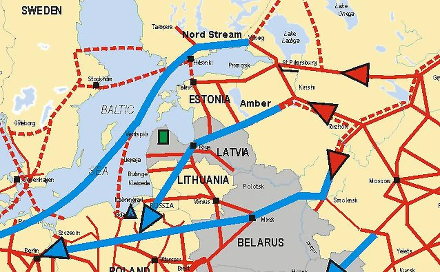 Ida-Euroopa olemasolevad (punased) ja plaanitavad (sinised) gaasijuhtmed. Balti riigid ja Poola tahavad, et maismaal kulgevale juhtmeprojektile Amber pöörataks sama palju tähelepanu kui merre kavatsetavale juhtmele Nord Stream.