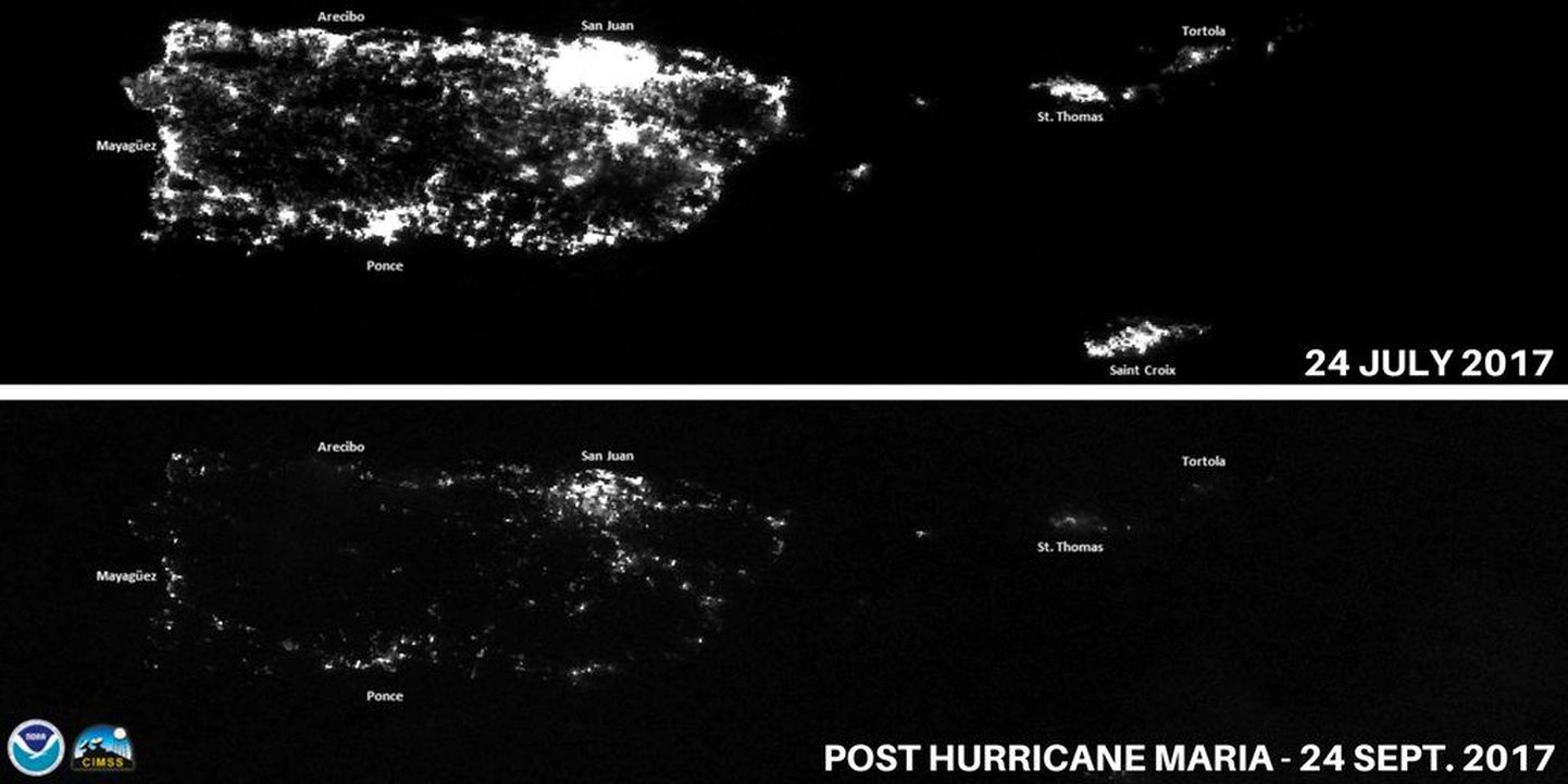 Satelliitpilt pimeduses Puerto Ricost.