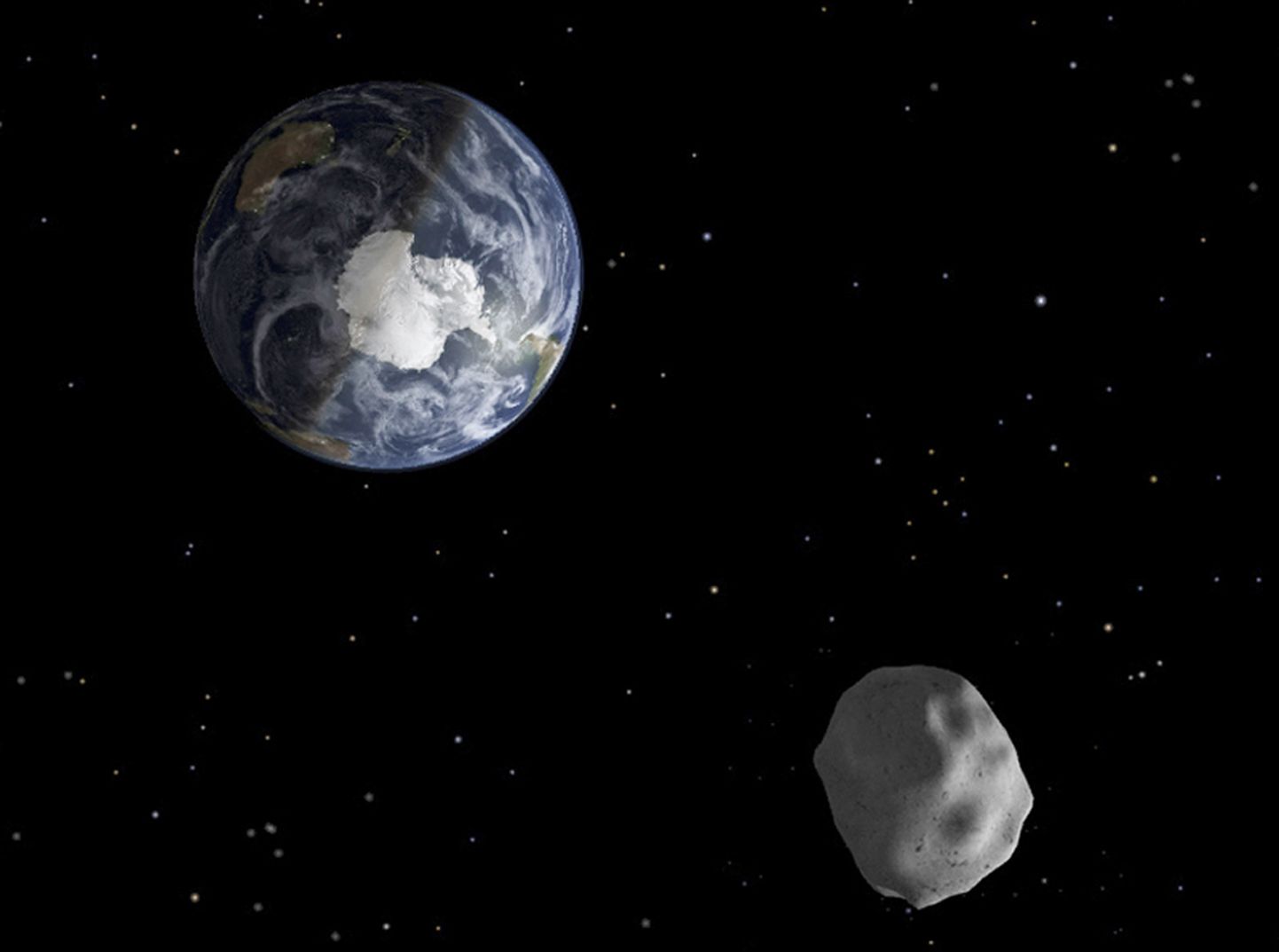 NASA arvutijoonistus asteroidist ja Maast