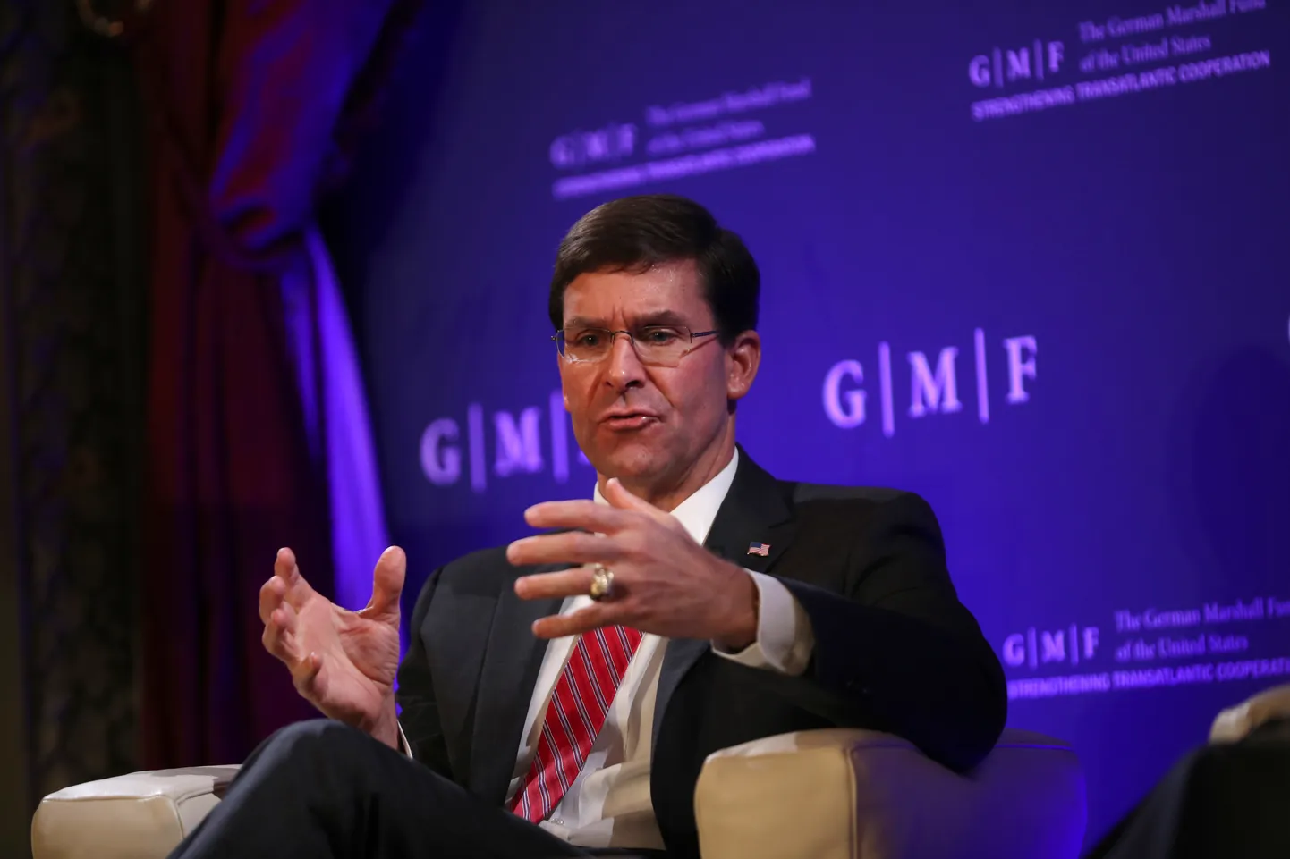 USA kaitseminister Mark Esper neljapäeval Brüsselis mõttekoja Saksa Marshalli Fond üritusel.