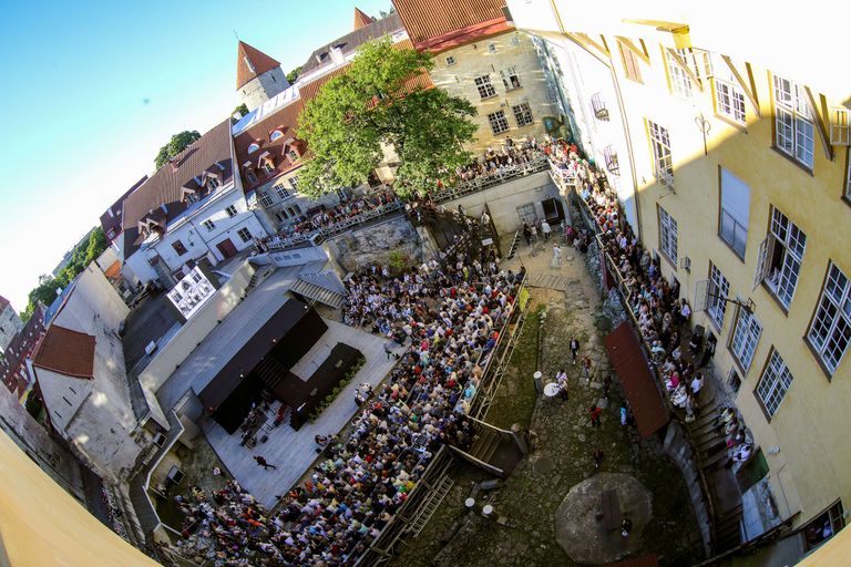 Publik tunglemas Tallinna Linnateatri ukse taga. Fotole on jäädvustatud hetk suure juubelihooaja avapeost 13. augustil 2015. Foto: