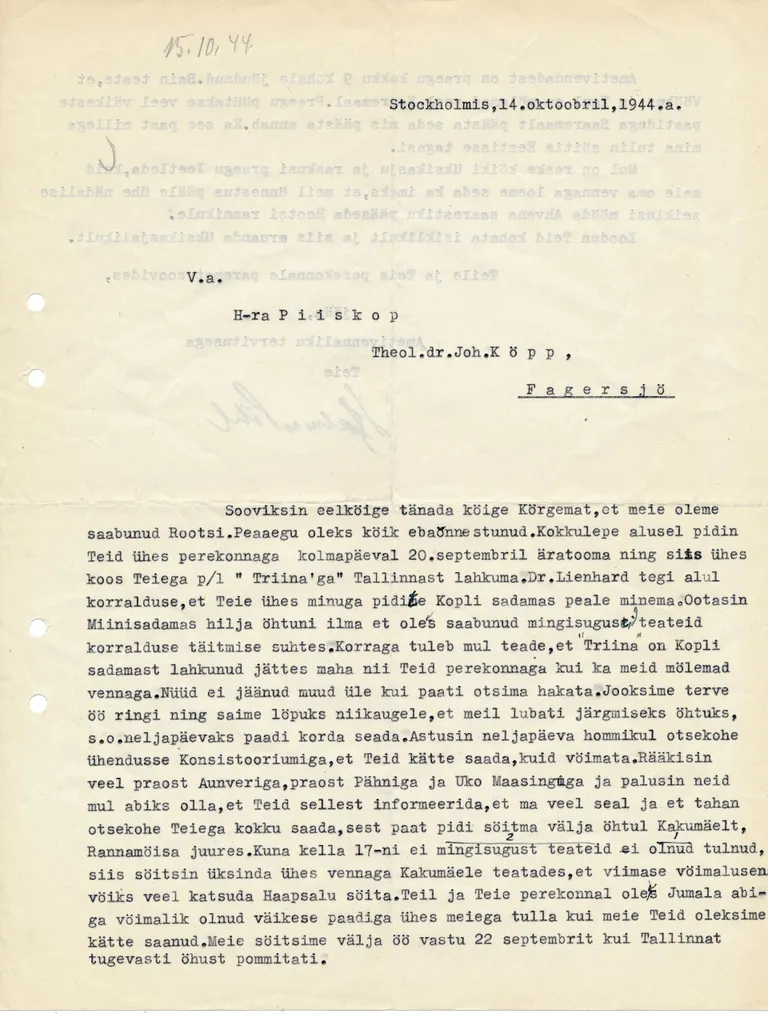 Hjalmar Pöhli kiri Johan Kõpule, 14.10.1944. FOTO: