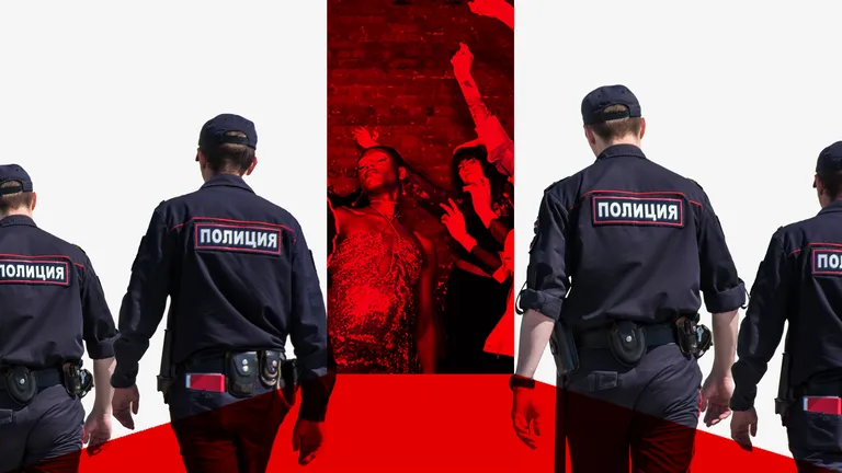 Коллаж: шагающие полицейские и посетители клуба