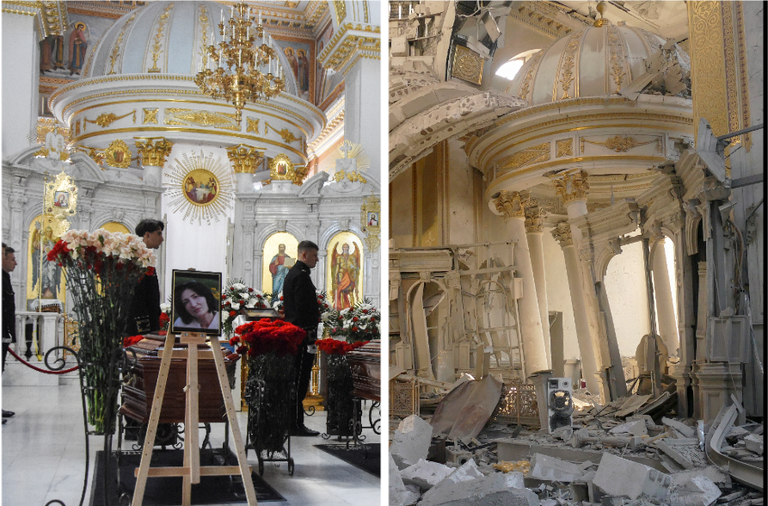 Часовня за алтарной преградой во время отпевания в соборе жертв очередной бомбардировки Одессы и те же детали интерьера после 23 июля 2023.