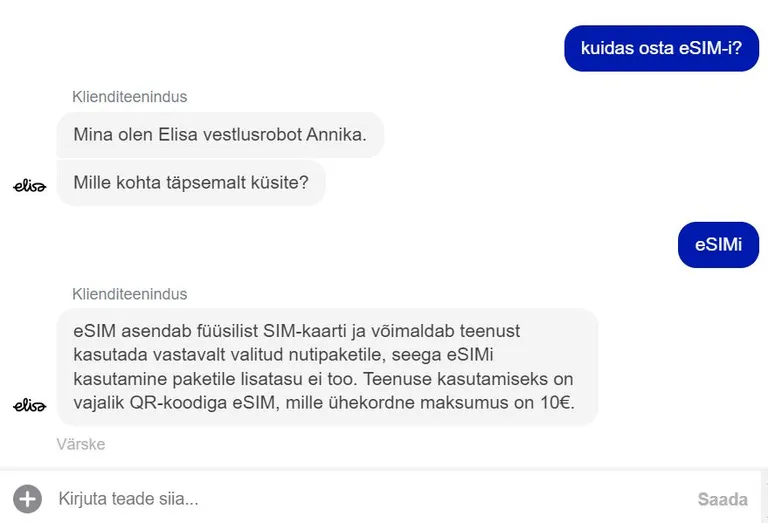Niimoodi näeb välja tekstivestlus robot-teenindajaga