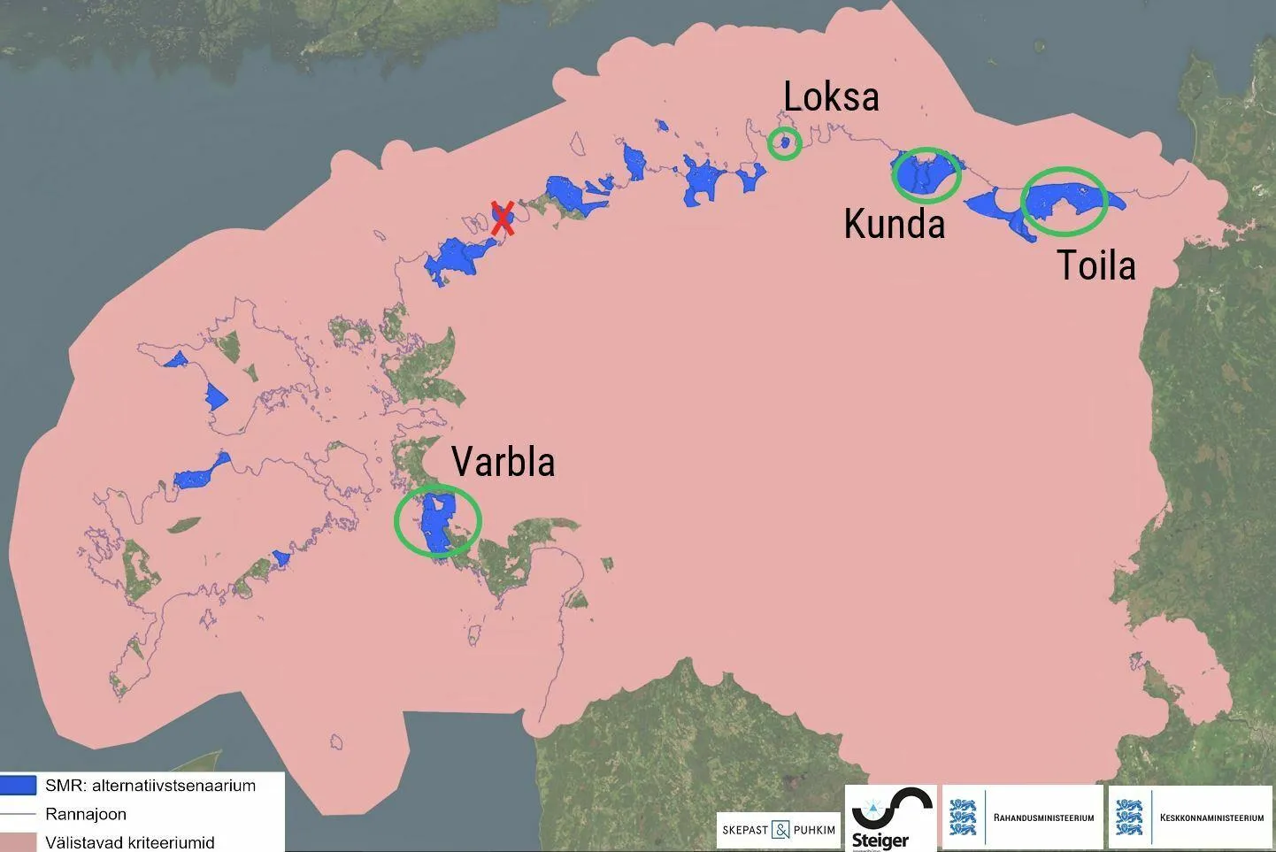 Tuumaenergia töörühma ruumianalüüsi tulemused. Punasega on markeeritud ala, kus eri kriteeriumid välistavad tuumajaama rajamise. Sinisega markeeritud alal on tuumajaama rajamine võimalik. Roheliste ringidega ümbritsetud aladel tekiks tuumajaama loomisega kõige positiivsem regionaalne efekt.