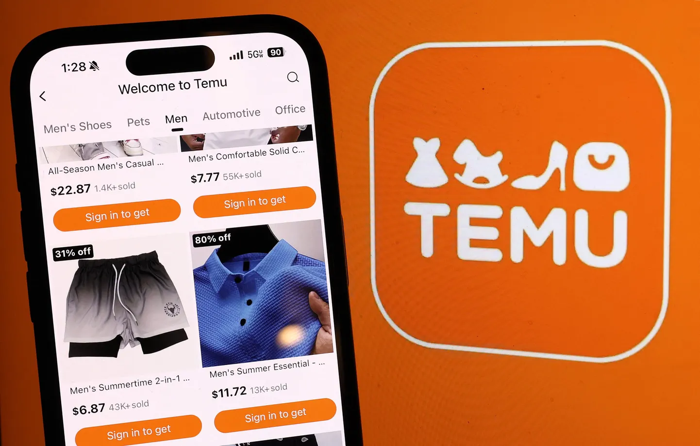 Hiina veebipoe Temu logo ja telefonirakendus.