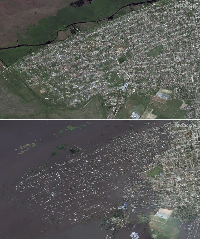 Захваченный Россией город 15 мая - до взрыва (вверху) и после - 7 июня (внизу).
