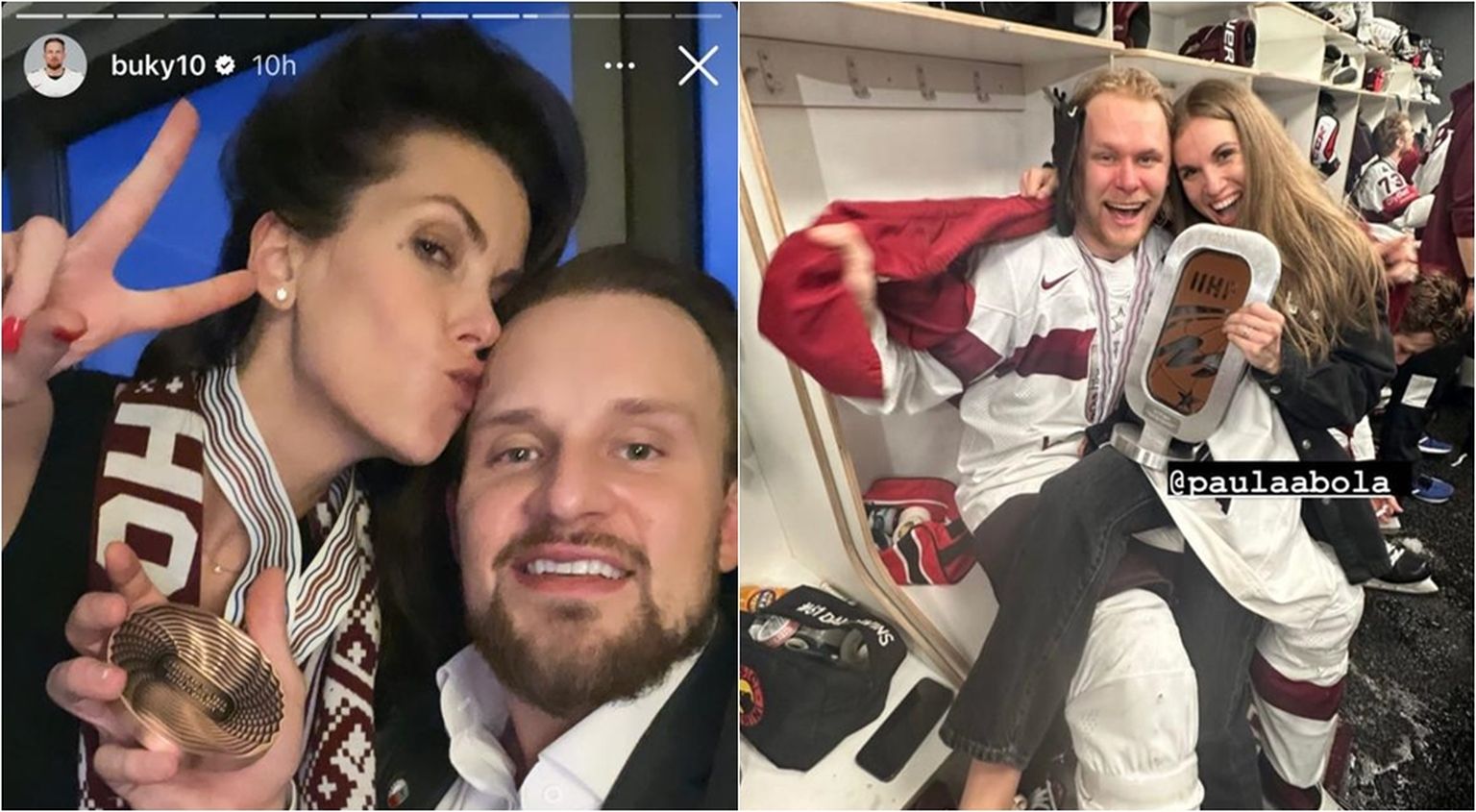 Радостные хоккеисты сборной Латвии и их вторые половинки