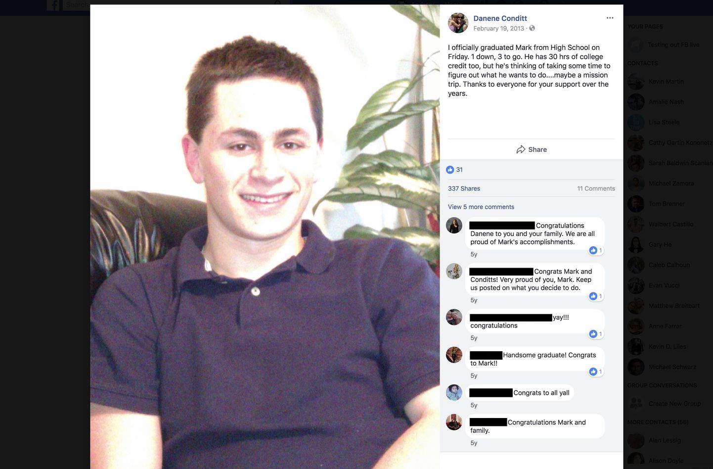 Mark Anthony Conditti ema postitus 2013. aastal Facebookis, kus ta teatab, et tema poeg lõpetas kodukooli.