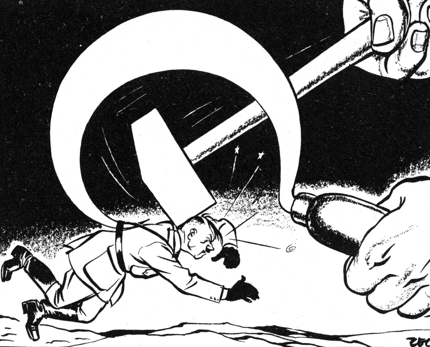 1942. aasta karikatuur sirbist ja vasarast ning Natsi-Saksamaa juhist Adolf Hitlerist. Pilt on illustratiivne