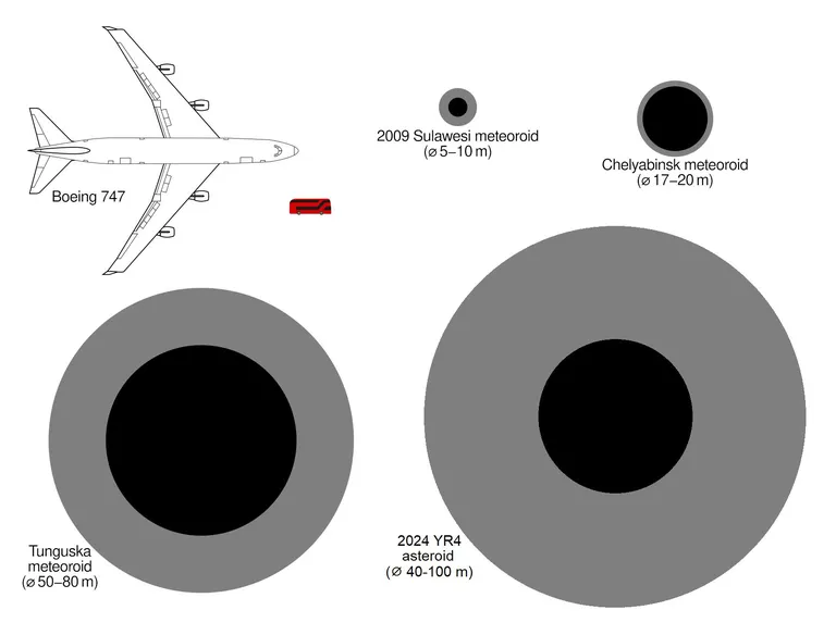 Selline on meie juurde peagi tagasi pöörduva asteroidi suurus võrreldes Boeingu, Londoni kahekordse bussi ja Tunguusi meteoriidiga. Kõrval ka paar viimasel ajal Maad tabanud taevakeha.