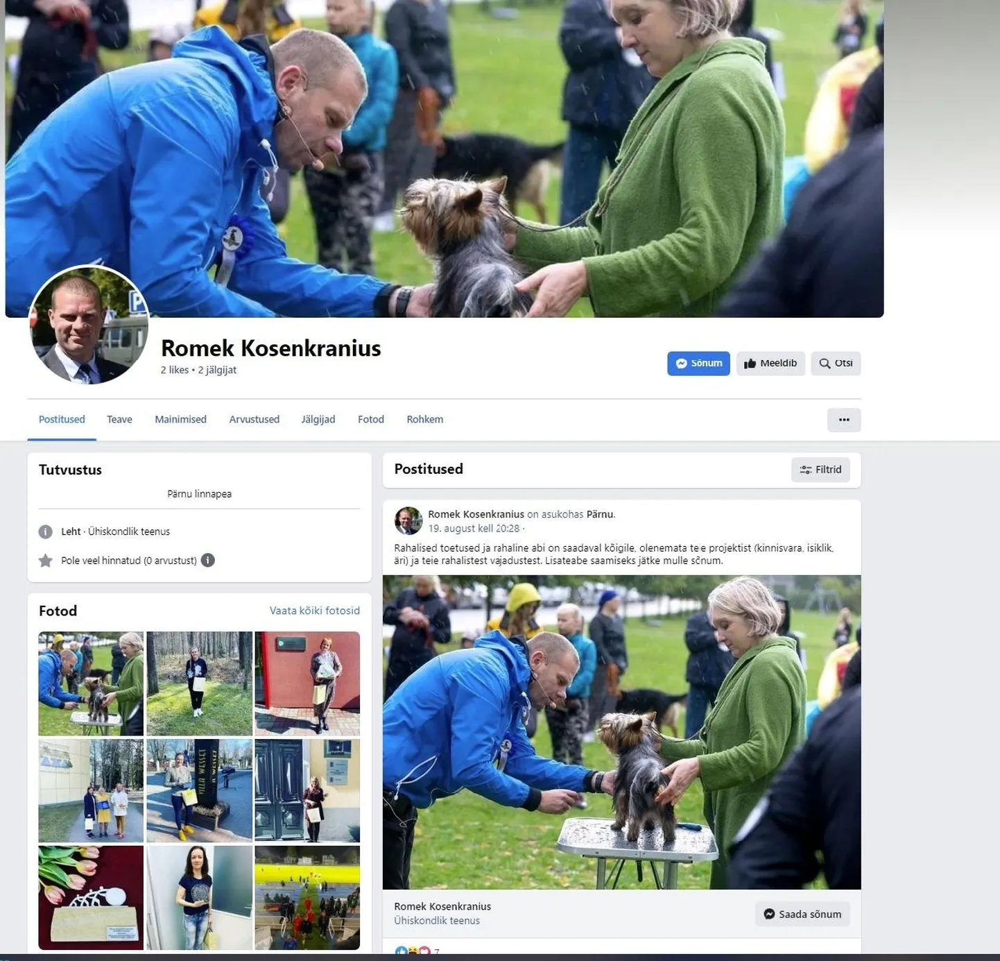 Pärnu linnapea Romek Kosenkraniuse libakonto, millel laenu pakutakse, avati Facebookis laupäeval.