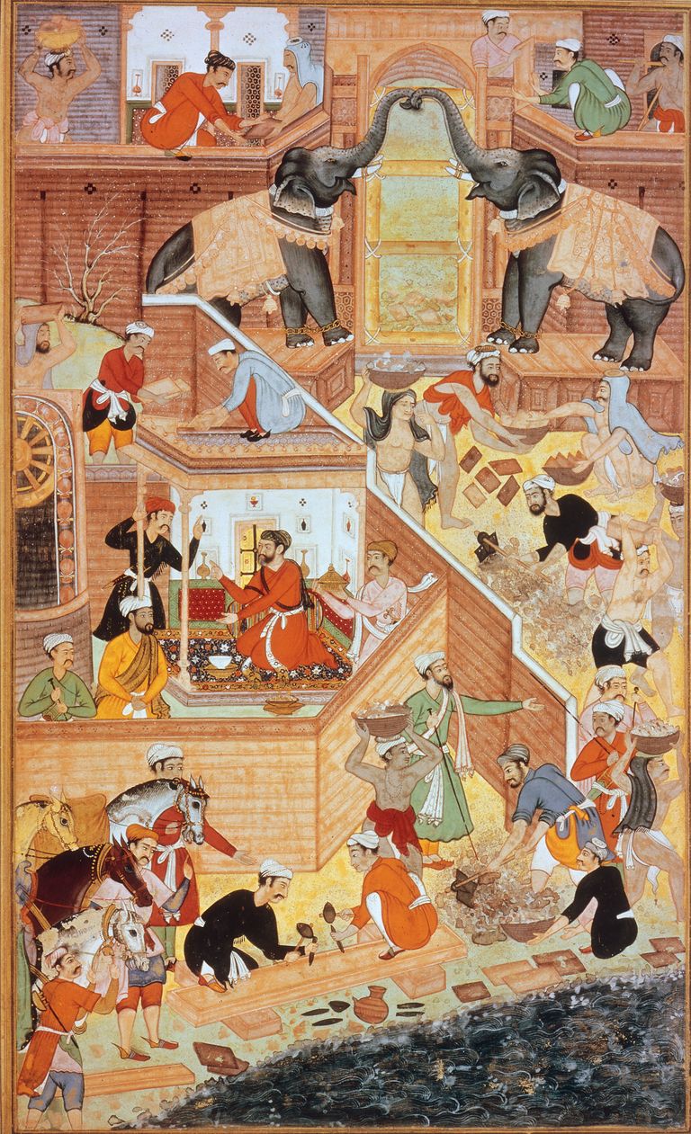 Joonistus India suurmoguli Akbar I õukonnast. Akbar I on varjualuses