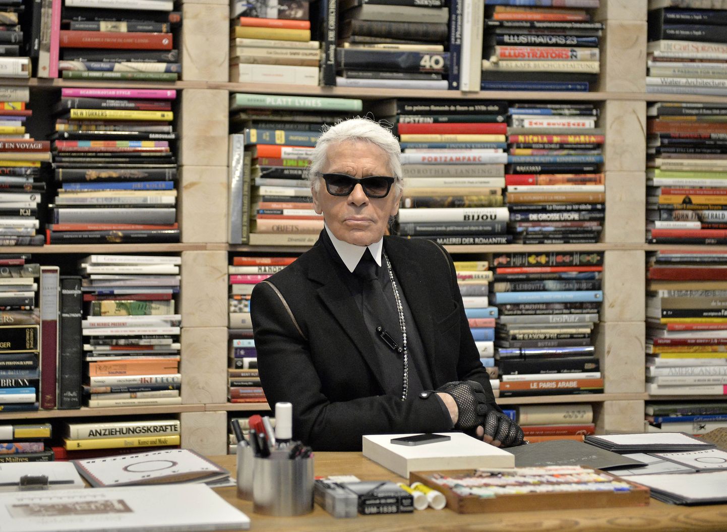 Moelooja Karl Lagerfeld oma raamaturiiuli taustal.