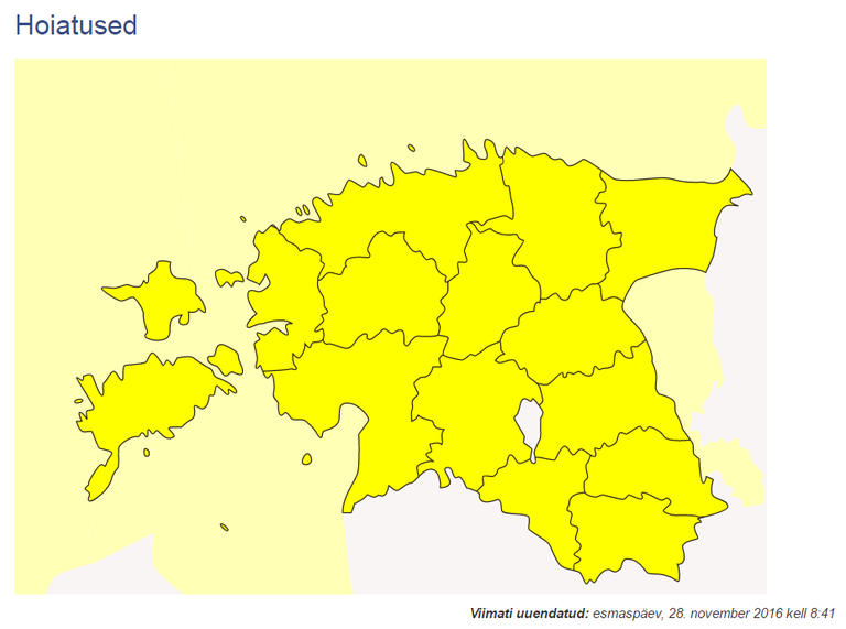 Kollane värvus tähendab, et kogu Eestile on antud esimese taseme hoiatus.