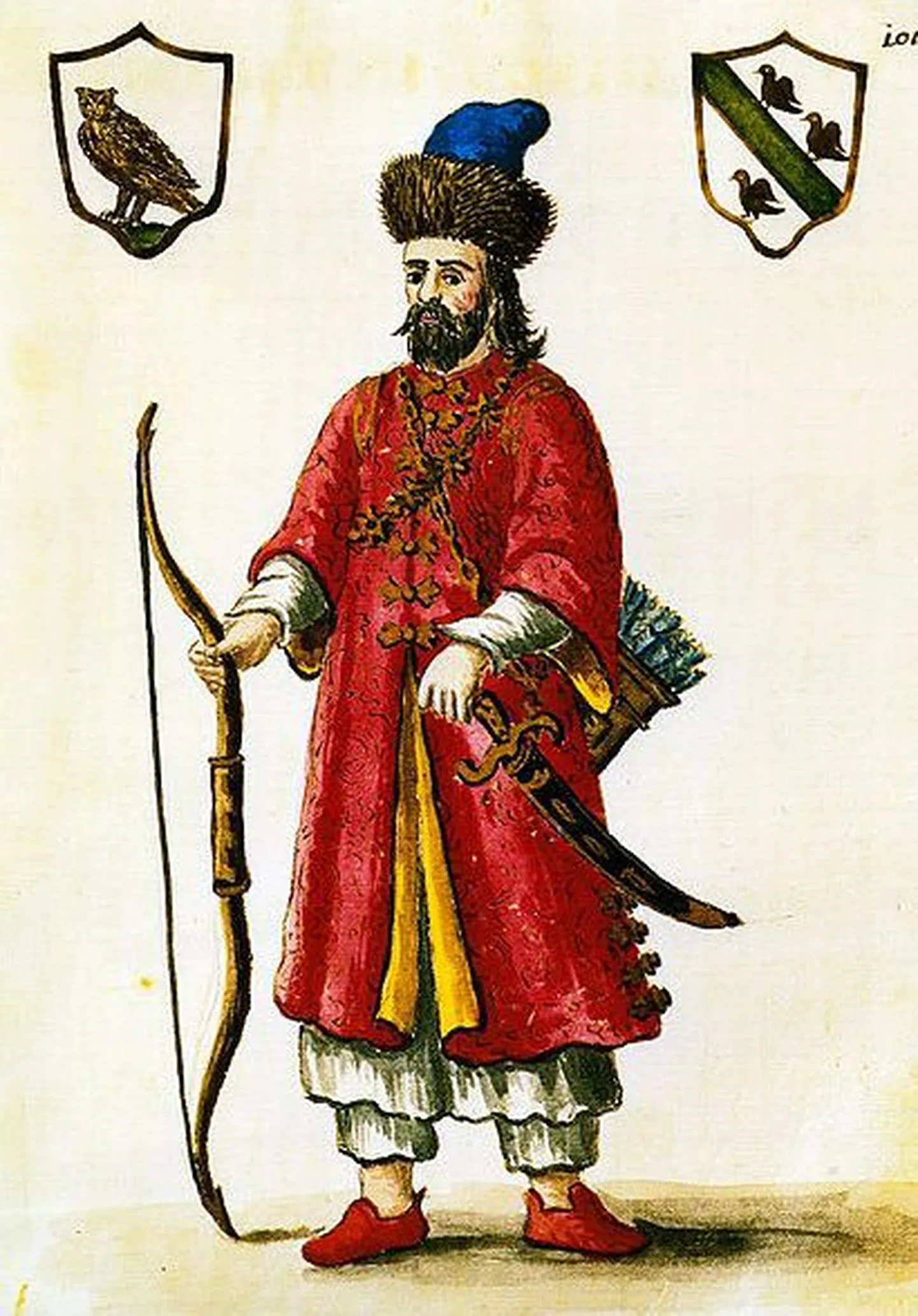 Joonistus Marco Polost Hiina riietes, ülal ta perekonnavapid