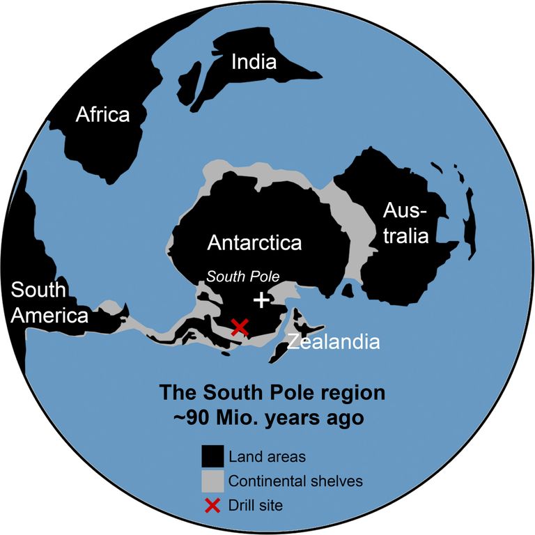 Mandrite asend 90 miljonit aastat tagasi ja punase ristiga on märgitud koht, kust teadlased setteproove võtsid