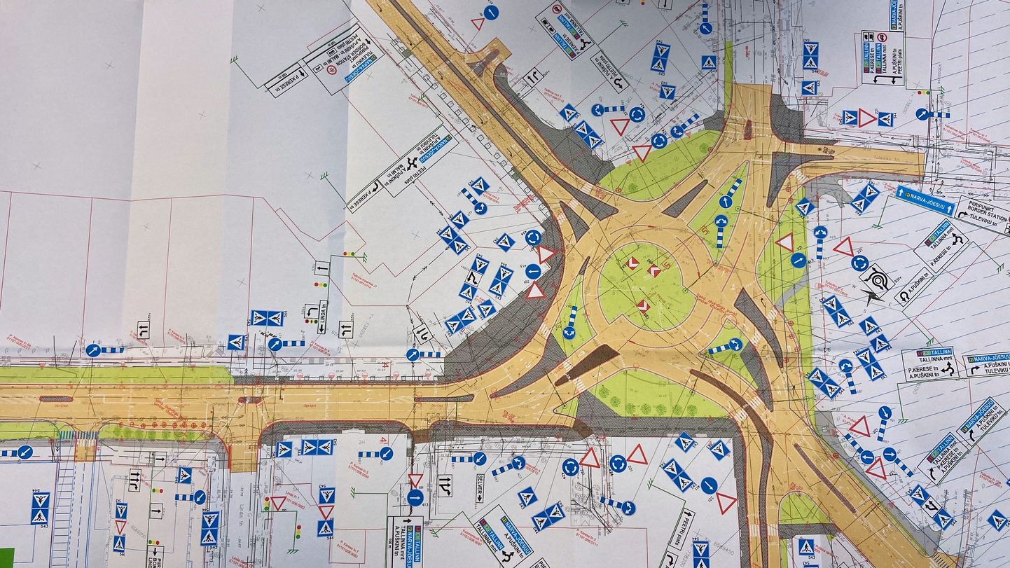 Фрагмент предварительного проекта реконструкции транзитных дорог через Нарву. Показана будущая схема центрального кругового перекрестка и начинающейся от него улицы Пауля Кереса.