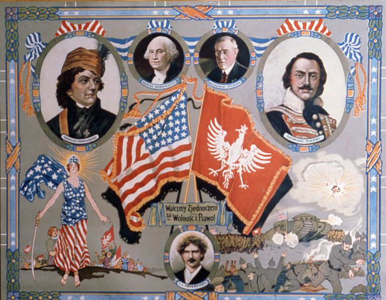 Poola-USA Esimese maailmasõja aegne plakat, millel on Poola ja USA lipud ning Tadeusz Kosciuszko, George Washingtoni, Woodrow Wilsoni, Kazimierz Pulaski (paremal) ja Ignacy Paderewski (all) pildid
