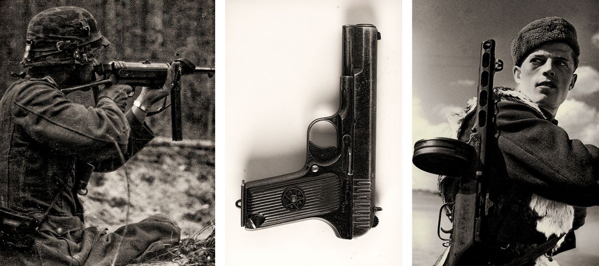 Sõja ajast oli majapidamistesse jäänud hulgaliselt relvi, pildil saksa Schmeisser, püstel TT ja vene automaat PPŠ.
