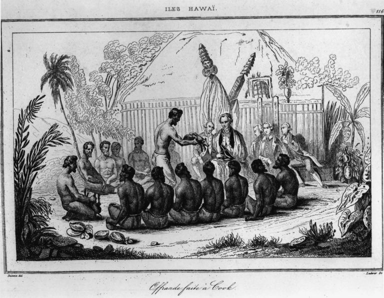 Maadeavastaja James Cook Hawaiil, joonistus 19. sajandist
