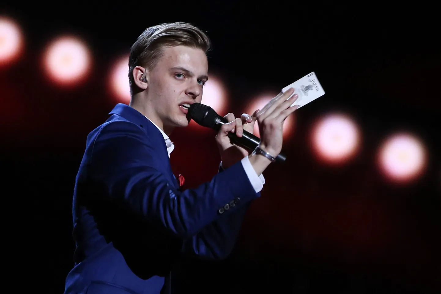 STOCKHOLM, SWEDEN. MAY 9, 2016. Singer Juri Pootsmann representing Estonia performs during the dress rehearsal for the 1st Semi Final of the 61st annual Eurovision Song Contest. Vyacheslav Prokofyev/TASS