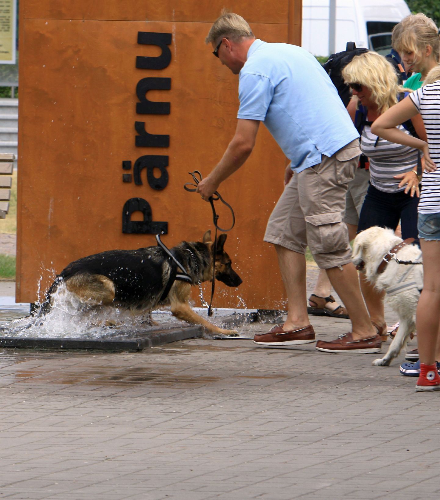 Turistid ujutavad Pärnus Rüütli paltsil asuvas purskaevus oma lemmikuid.