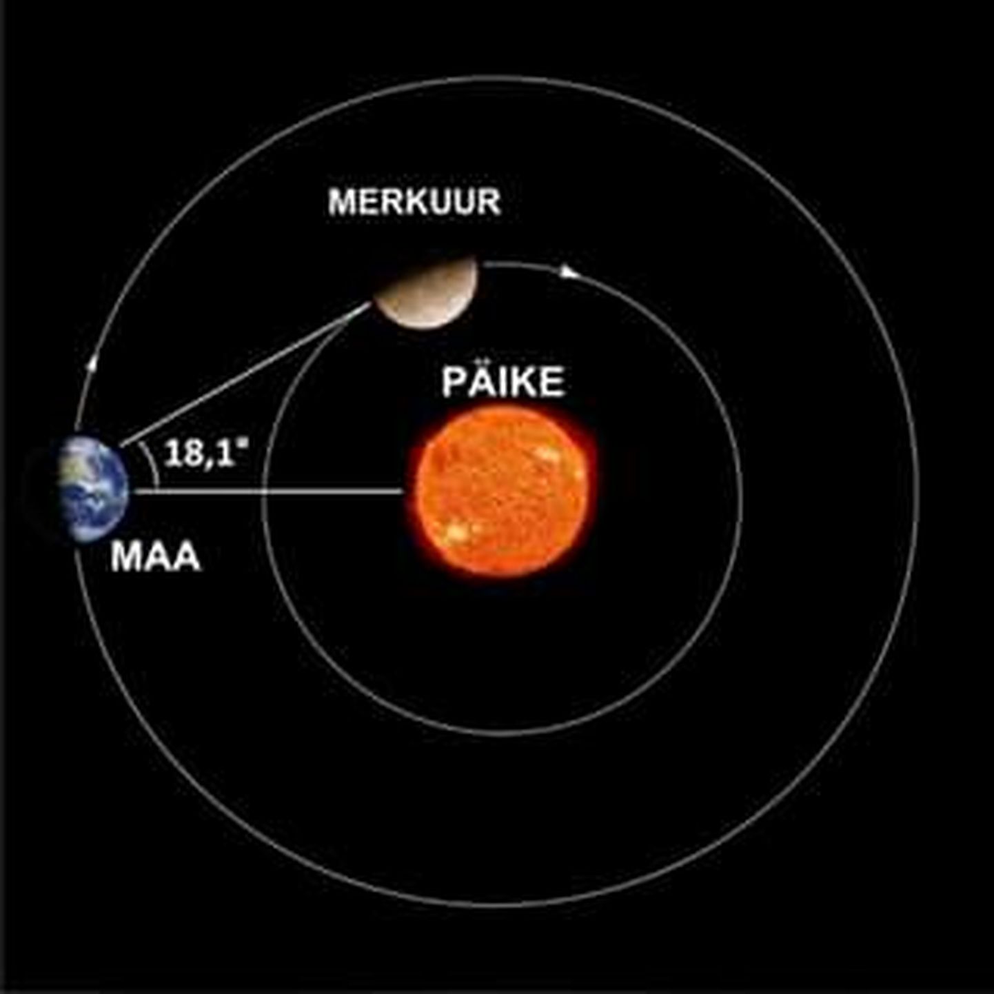 Liialdatud proportsioonides joonis Merkuuri idapoolsest elongatsioonist.