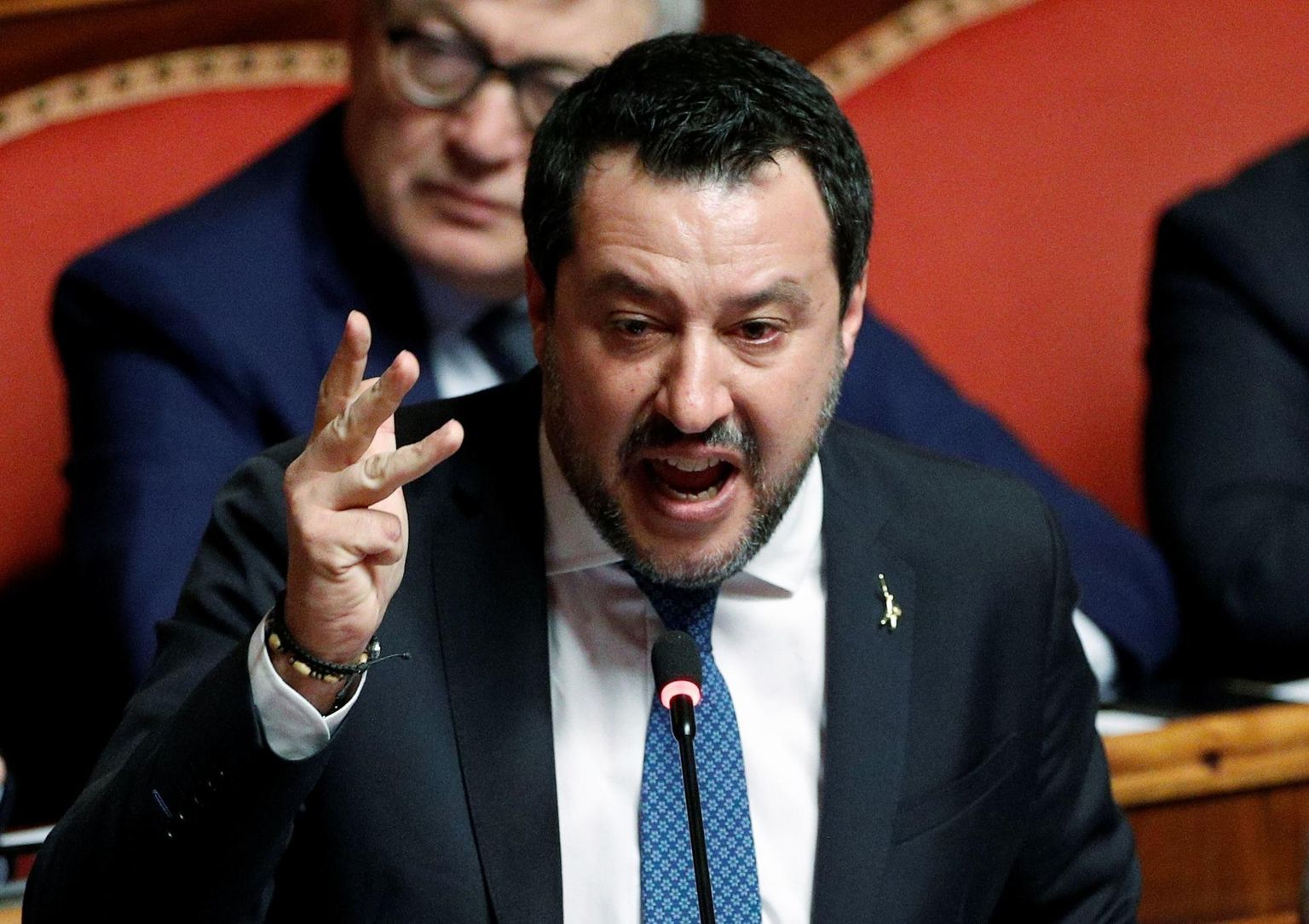 Sisserändevastase erakonna Liiga juht Matteo Salvini eile Itaalia senatis enne hääletust tema üle kohtupidamise lubamise küsimuses. 