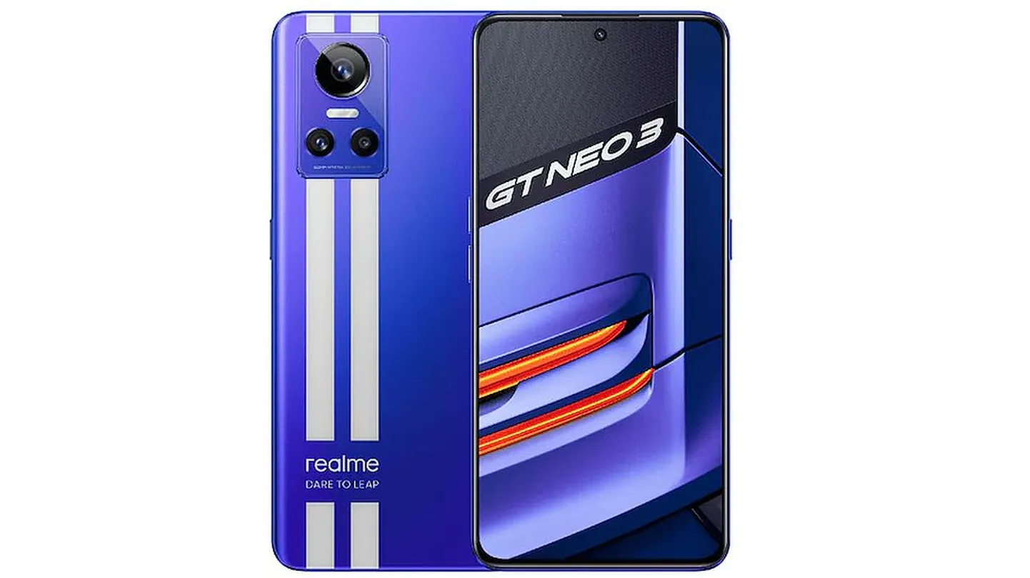 Uus kiireima laadimisega nutitelefon Realme GT Neo 3 koos Le Mansi ringrajale vihjavate triipudega.