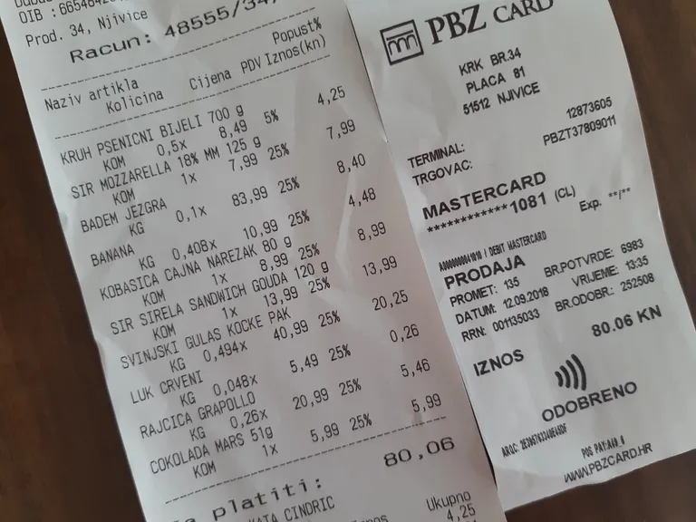 Чек за покупки продуктовом магазине в Хорватии