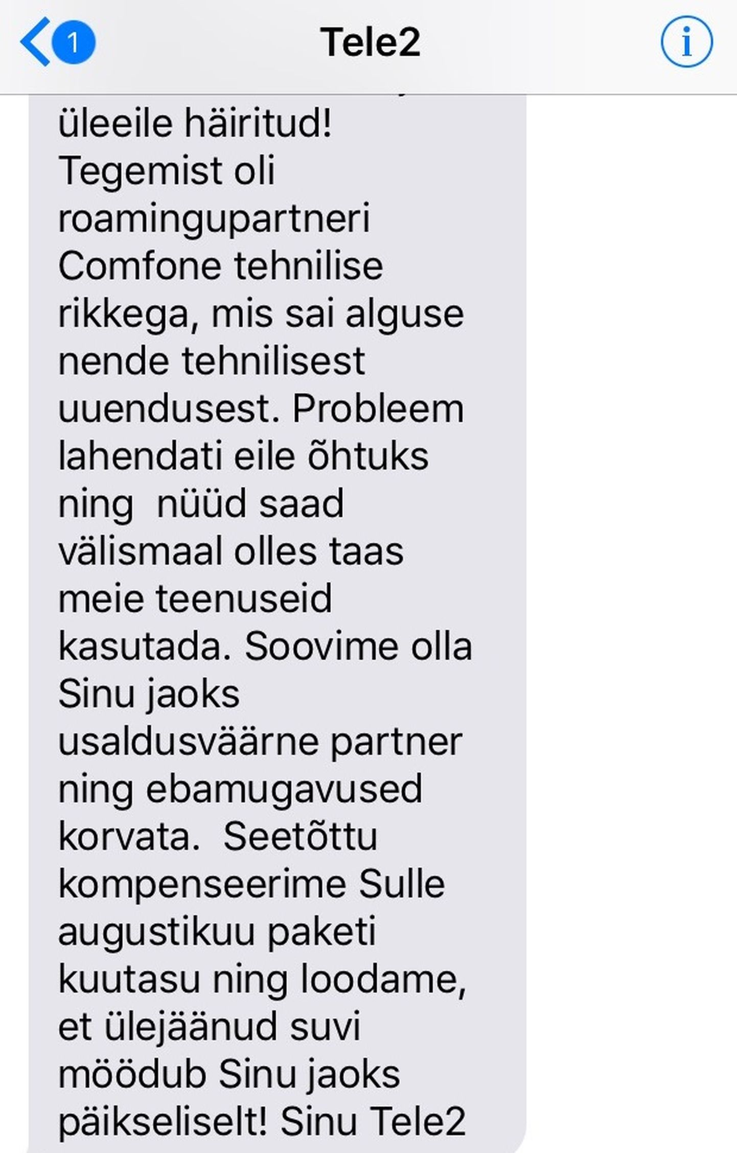 Tele2 teade Soomes viibivale kliendile