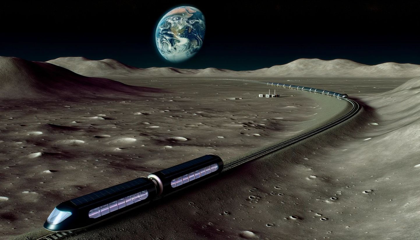 Umbes selline võiks välja näha Kuule rajatav raudtee, arvas tehisintellektist pildigeneraator Dall-E selle artikli teksti põhjal.