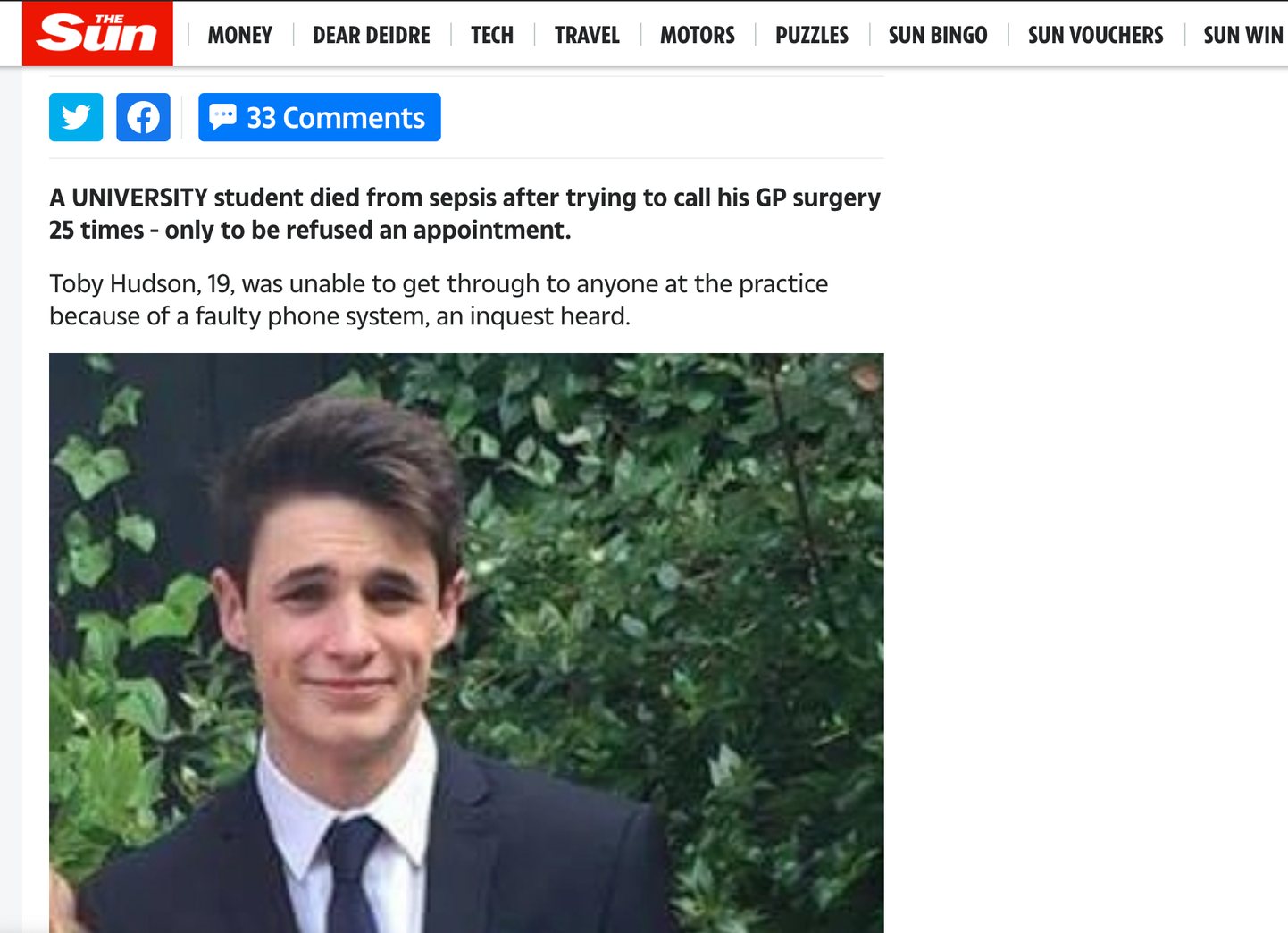 19-aastane Toby Hudson suri sepsise tagajärjel.